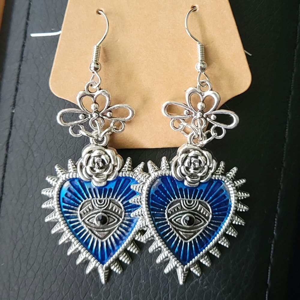 Spiked Blue Heart Eye Rose Handmade Earrings Punk Goth Emo Dangle Gothic - Picture 3 of 13
